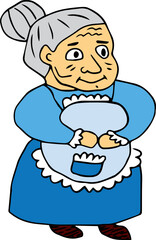 an elderly woman with deep wrinkles in full growth in a blue dress with a light apron with gray hair gathered in a bun