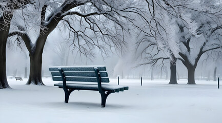 A tranquil winter scene featuring a solitary bench blanketed in snow, surrounded by bare trees in a serene, foggy atmosphere.