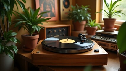 An old record player with a spinning vinyl, surrounded by potted plants and retro decor