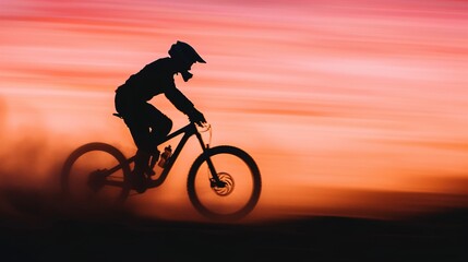 dynamic silhouette of mountain biker against sunset background