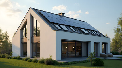 Obraz premium Modern eco friendly passive house with solar panels on rooftop. Home solar panel. Solar panels on roof of modern apartment building in city 