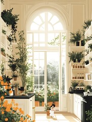 Sunlit Kitchen Garden: A Serene Child Amidst Blooming Plants