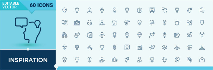 Inspiration icon set. Related to creativity, growth, brainstorm, success, thinking and more. Collection for mobile and web apps. Editable stroke. Vector illustration.