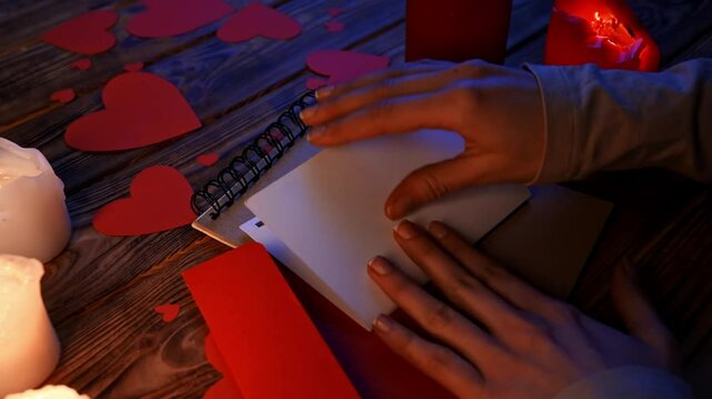 Close up of wooden table in darkness with lighted candles and scattered red paper hearts, woman putting valentines card with text I love you in red envelope.
