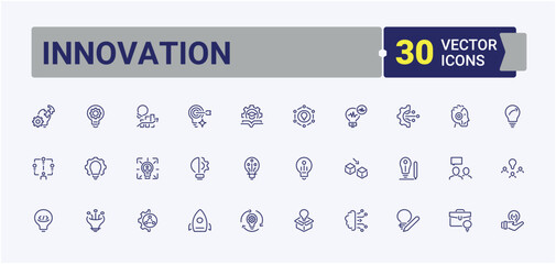 Set of Innovation line icons. Containing learning, ai, vision, artificial, light, intelligence, tech and more. Perfect for logos and infographics. Vector icons editable stroke.
