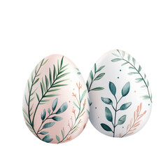 Fototapeta premium Decorative eggs adorned with botanical illustrations and soft pastel colors.