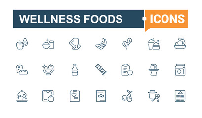 Wellness Foods linear icon collection. Includes thin line cook, green, salad, vegetable, fast, fit, app and more. Icons for UI. Vector icons editable stroke.