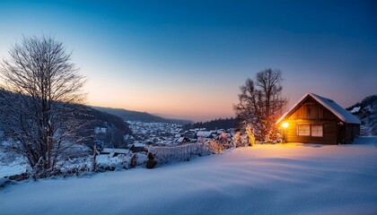 Obraz premium 新雪に囲まれ、煙突から煙が立ち上る山間の小屋
