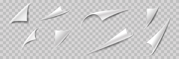 Curly paper page corners, vector sticker fold edges. Realistic paper corne curls on transparent background with shadow. 