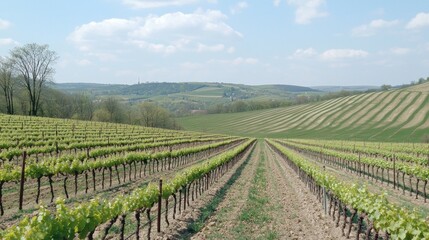 Fototapeta premium Vineyard rows, spring, hillside, rural landscape, agriculture