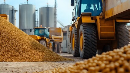 Soybean Harvesting Equipment Unloading Seeds into Factory Storage Bins for Production