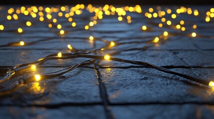Warm fairy lights on dark stone ground, festive mood