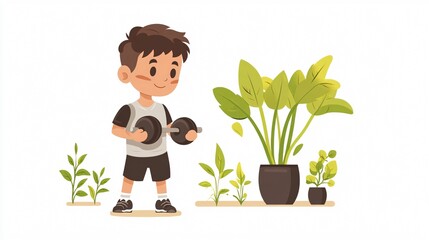 Young Boy Doing Exercises and Lifting Dumbbells for a Healthy Lifestyle