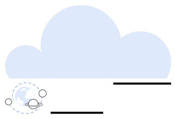 Blue cloud shape above a small Earth graphic with orbit and planetary elements in a minimalist style. Ideal for technology, data storage, connectivity, climate, space, innovation, abstract line flat