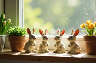 Ceramic Easter bunny, tulip flowers on windowsill. Decorations for Easter celebration at home. Soft focus.