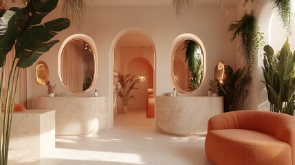 Luxurious spa interior with peach tones, plants, and arched mirrors.