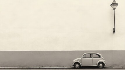 Vintage car parked beside a blank wall under a street lamp in a quiet urban setting