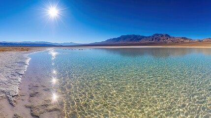 Sunlit salt flat lagoon, desert mountains, clear water, reflection, travel
