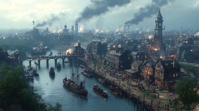 Bustling capitalist city during the late 19th century with factory owners and wealthy industrialists on one side and poor workers on the other