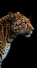 Obraz premium Leopard profile on dark background with fur detail suitable for wildlife publications, animal conservation projects, and naturerelated designs.
