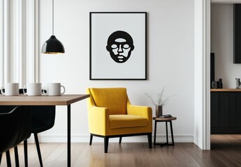 Minimalist black and white portrait print above yellow armchair in modern dining room.