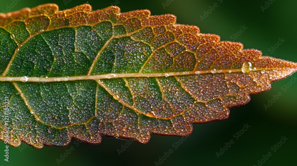 Aufkleber Close-Up Detail of a Leaf Showing Intricate Vein Patterns and Surface Texture with Dew Drops Against a Soft Green Background