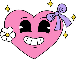 Adorable illustration of a pink smiling heart featuring a purple bow, a white daisy, and yellow sparkles