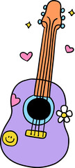 Colorful illustration of a purple guitar with a smiley face decal, hearts, and a daisy, surrounded by sparkles