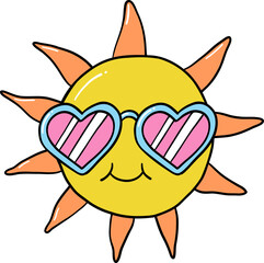Bright and cheerful illustration of a yellow sun wearing pink heart-shaped sunglasses with blue frames