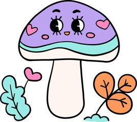 Cute illustration of a smiling purple mushroom with heart accents, surrounded by colorful leaves