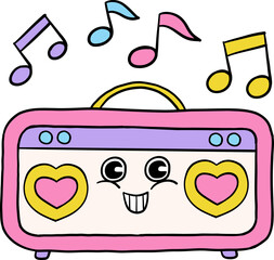Fun illustration of a pink and purple boombox with heart-shaped speakers and floating colorful music notes