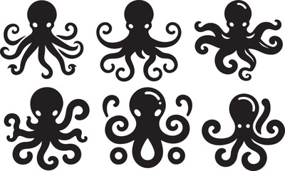 Silhouette vector illustration of a flat octopus art.  octopus set in black color with a white background