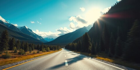 Asphalt ribbon unwinding through a majestic mountain range, sunlight streaming through towering evergreens, a scenic drive of breathtaking beauty