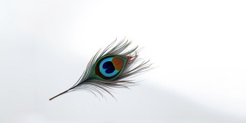 Obraz premium Single iridescent peacock feather on a white background