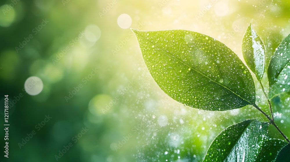 Poster fresh green leaf with water droplets on a soft sunny background, symbolizing nature, refreshment, an