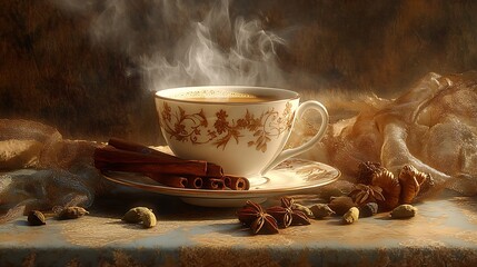 A steaming cup of soy milk chai latte with spices like cinnamon sticks, cardamom pods, and cloves arranged around it