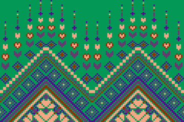 Pixel art ethnic, Pattern fabric pixel, design for background, clothing, decorative, drapery, cloth embroidery, geometric pixel art, handcraft, wallpaper, carpet, bag, card, cushions, Print, ethnic