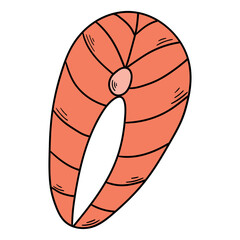 Hand drawn cartoon slice of raw salmon on white background.