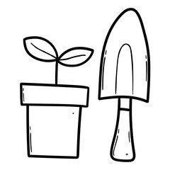 Hand drawn doodle houseplant with shovel on white background.