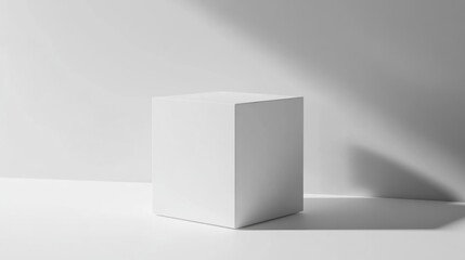 White cube display, studio lighting, minimalist background, product placement