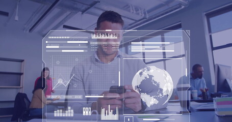 Image of financial data processing over caucasian businessman using computer