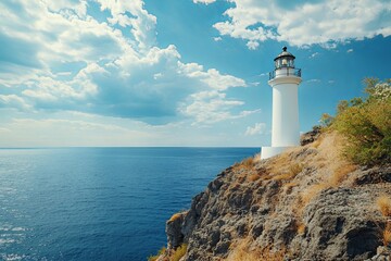 A white lighthouse standing on a rocky cliff overlooking the ocean. picture