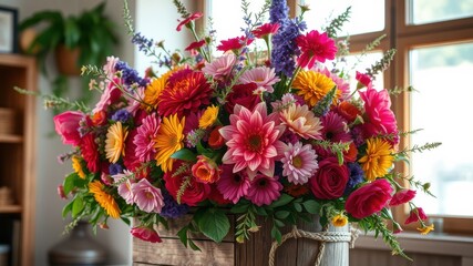 Fototapeta premium Vibrant floral arrangement in rustic wooden container, featuring a delightful mix of gerbera daisies, dahlias, roses, and assorted blossoms