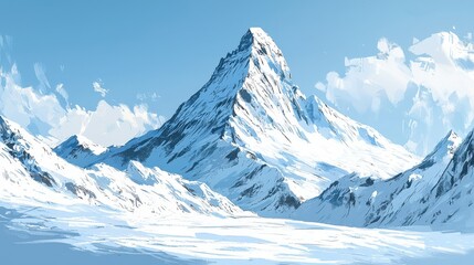 Fototapeta premium A majestic snow-covered mountain rises against a clear blue sky, surrounded by serene snowy landscapes and scattered clouds.