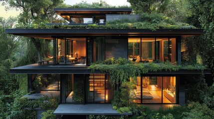 Fototapeta premium Modern Green Roofed House Integrated Into Lush Forest
