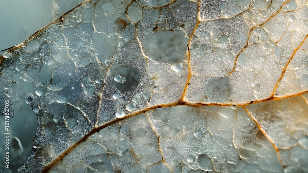 Poster intricate close-up of a frosted leaf detailing patterns in ice, water droplets, and natural textures