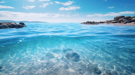Fototapeta premium Seascape with Crystal Clear Water and Rocky Shoreline Under a Bright Blue Sky and Soft White Clouds in a Coastal Paradise