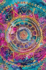 Vibrant mandala with gold pattern on colorful background