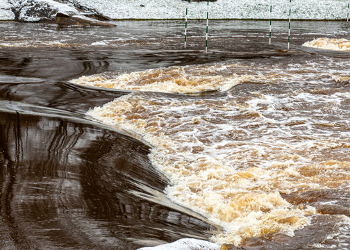 winter landscape with river flow, rapid water, kayaker's paradise, Gauja River, Latvia