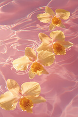 beautiful yellow vanilla orchid flowers floating on pink pastel colored water